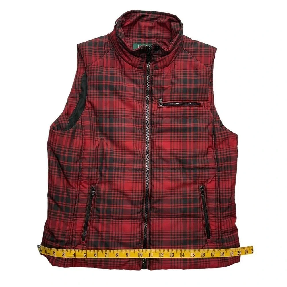 Lauren Ralph Lauren Women's Buffalo Plaid Zip Up Puffer Vest Black Red Size P/M‎